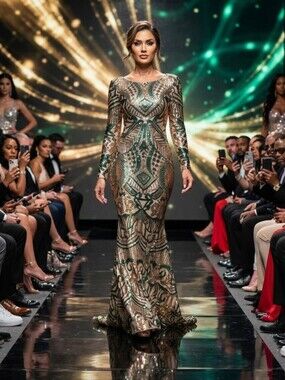 Teal and Gold Long Sleeve Backless Mermaid Contrast Sequin Formal Gown
